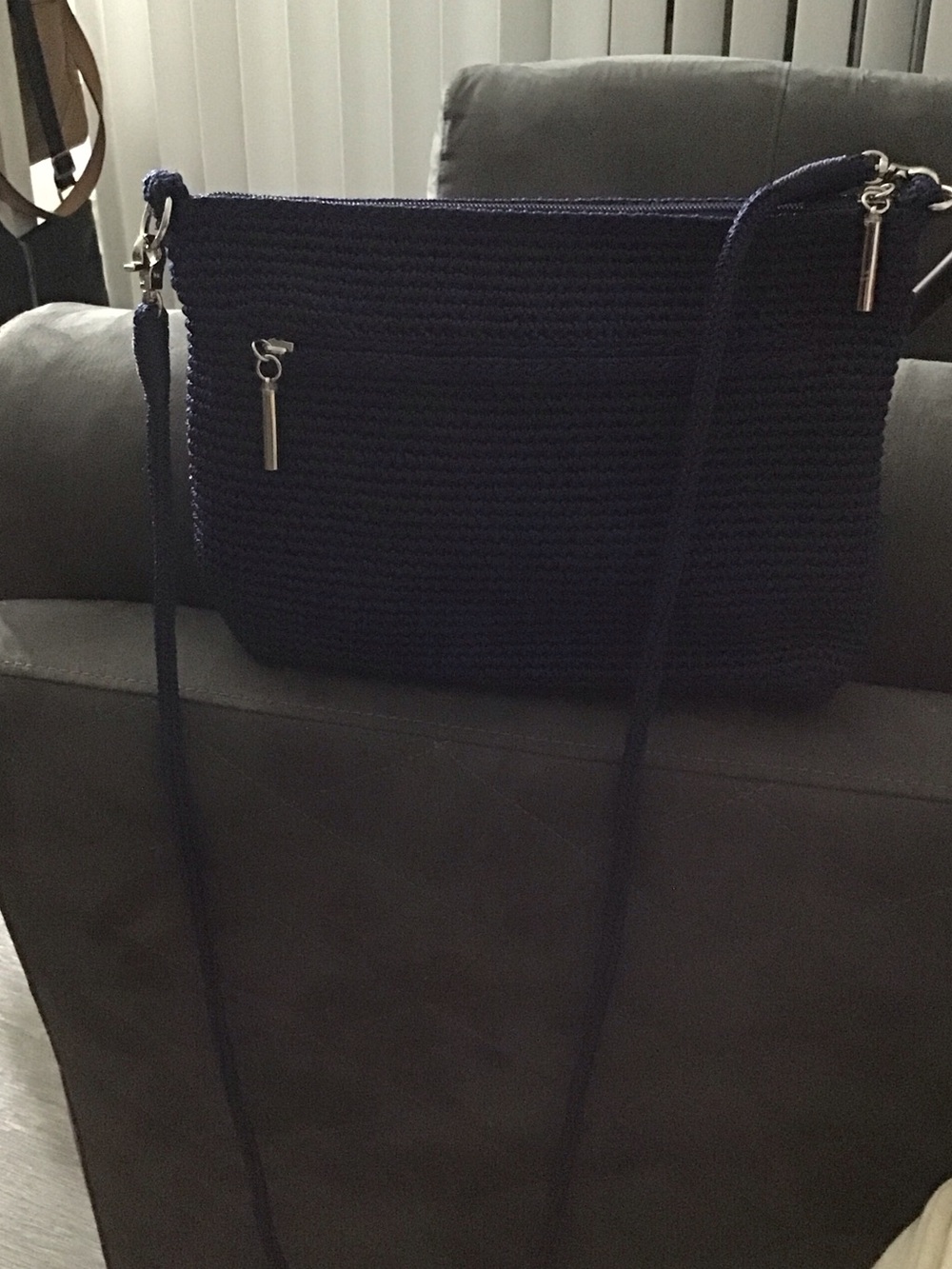 The Sak Navy Crochet Shoulder Bag with Zip Accent